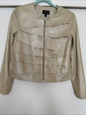Vakko Beige Cream Leather Ruffle-Front Zip Jacket